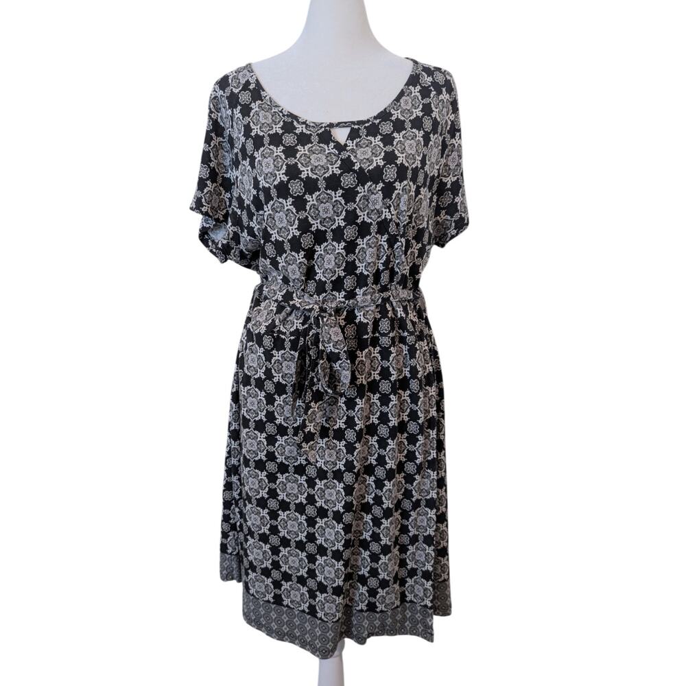 Aventura Organic Cotton Black Grey Geometric Faux Wrap Dress Medium